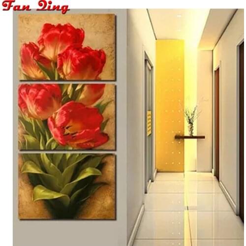 3pcs 5D DIY Diamond Painting Red Flower Cross Stitch Kit Full Drill Embroidery Mosaic Art Picture With Rhinestones Decor Gift