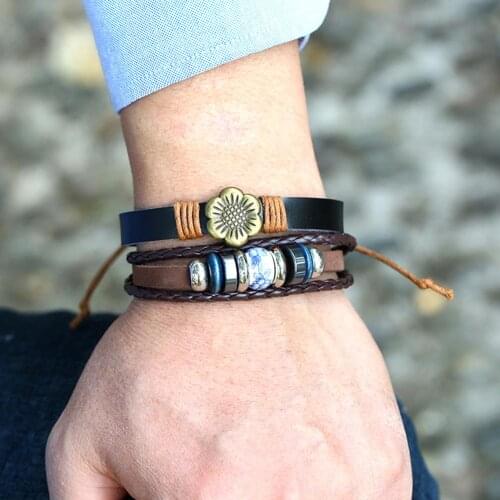 5Pcs Retro Men Faux Leather Braided Rope Beads Bracelet Wrist Bangle Jewelry Bracelet Boys Girls Charm Bracelet Bangle Jewelry