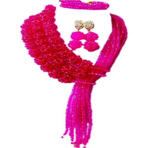 Fuchsia Pink African Jewelry Set for Womens Crystal Beaded Costume Necklace Bracelet Earrings 3CQST09