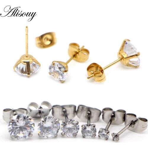 Alisouy 2pc Surgical Stainless Steel Stud Earring 2-8mm Clear Round Crystal Tragus Earrings Cubic Zirconia Love Gold Color