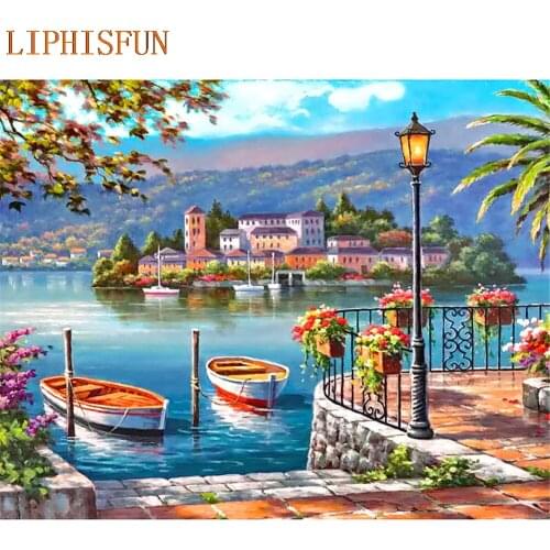 Diamond Painting Cross Stitch Full Square Round Picture of Rhinestone DIY Mosaic Embroidery seaside Boat New Year Gift