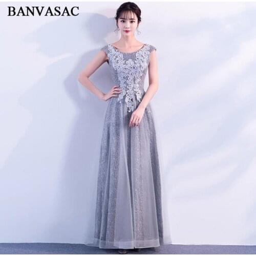 BANVASAC Elegant O Neck Lace Appliques A Line Long Evening Dresses Party Tulle Sexy Lace Up Backless Prom Gowns