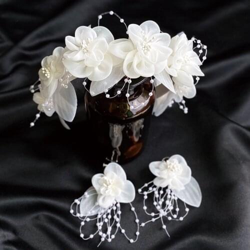 White Mesh Little Flower Headband can match veils bridal Headwear Earring Ear Clip Set Wedding hair Accessories
