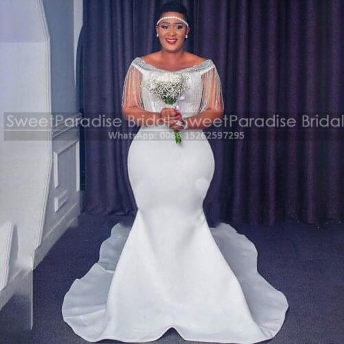Beads Tassels Off Shoulder Wedding Dress White Satin Mermaid Plus Size Women Long Sweep Train Formal Bridal Dresses Gown