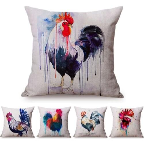 Nordic Watercolor Rooster Home Decorative Sofa Cushion Cover Vintage Farm Animals Ink Painting Cotton Linen Throw Pillow Cover