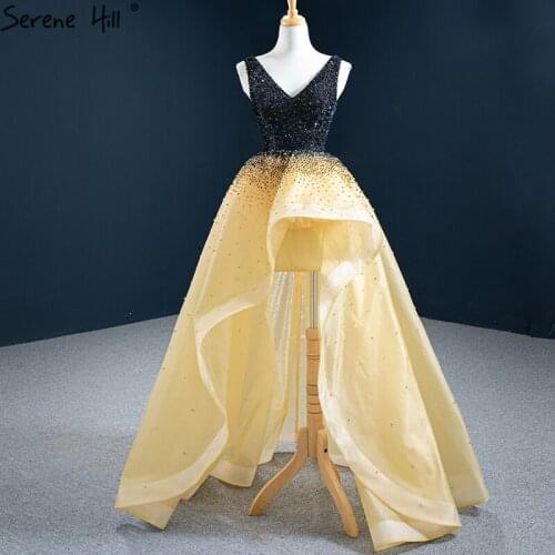 Black Yellow Asymmetrical Luxury Evening Dresses 2020 V-Neck Beading High Quality Ball Gown Serene Hill BHM67141 Evening Gown