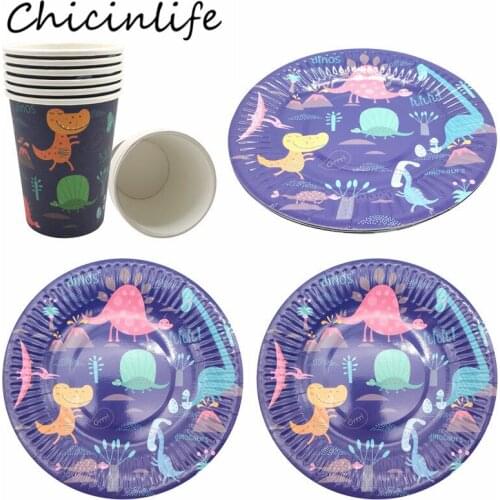 Chicinlife 6Pcs Dinosaur Paper Plates Cups Disposable Tableware Kids Birthday Party Decor Baby Shower Dinosaur Party Supplies