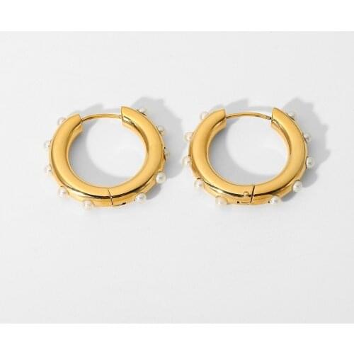 Statement Mini Pearl Earrings Stainless Steel Jewelry 18K Gold Hoop Circle Round Huggie Earrings For Women Girls