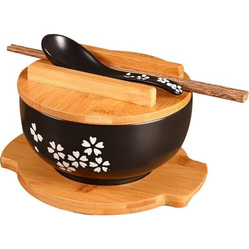 Japanese Style Porcelain Soup Bowl Cereal Pasta Serving Bowl with Spoon, Wooden Chopsticks & Lid, Placemat, Ceramic Bowls