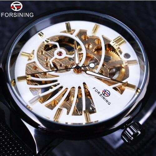 Forsining White Golden Dial Ultra Thin Case Mechanical Punk Black Steel Hook Buckle Fashion Men Skeleton Watch Top Brand Luxury