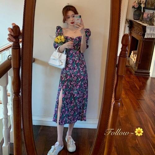 French Romance Retro Midi Dresses Women Casual Floral Print Square Collar Ruffles Puff Sleeve Lady