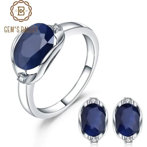 GEMS BALLET Natural Blue Sapphire Gemstone Ring Earrings Jewelry Set For Women 925 Sterling Silver Oval Classic Jewelry