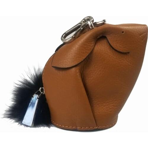 Genuine Leather Handmade Rabbit Coin Purse Customize Animal Cute Girls Bunny Mini Shaped Bag Wallet Pom Keychain Monogram Brown