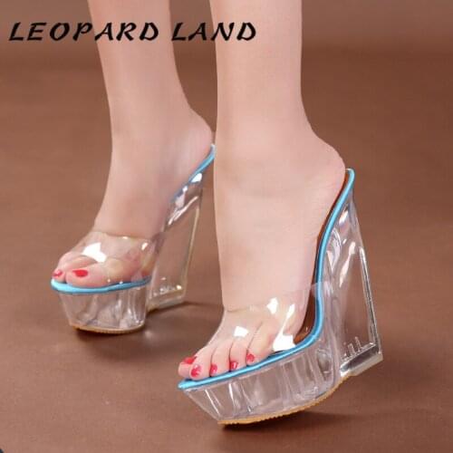 LEOPARD LAND Summer thick-soled high-heeled Sandals Slippers Transparent Crystal Shoes Waterproof Platform 15CM Wedge Shoes LFD
