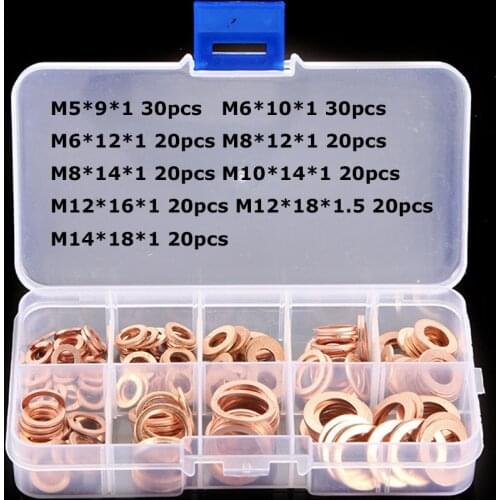 200Pcs Box Copper Sealing Solid Gasket Washer Sump Plug Oil For Boat Crush Flat Seal Ring Tool Hardware Accessories Pack