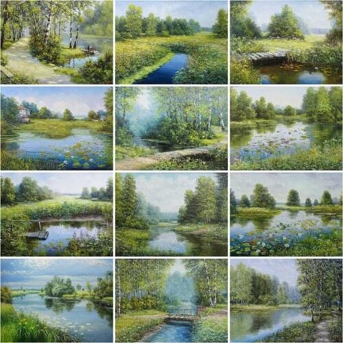MomoArt 5D DIY Diamond Painting Tree Handmade Gift Diamond Embroidery River Landscape Cross Stitch Spring Wall Art Decoration