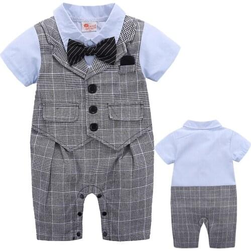 Baby Boy Clothing Toddlers Clothes Infant Short Sleeve Romper Gentleman Design Lattice Bowtie Dinner Suit Ring Bearer Clothes
