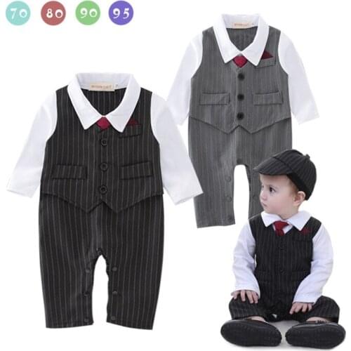 Baby Boy Clothes Stripe Gentleman Bow Tie Infant Formal Black Gray Vest Striped Romper Jumpsuit Wedding Clothing