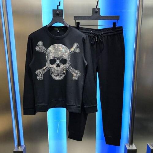 Factory Direct Supply Autumn And Winter Hoodie + Pants Loose Mens Track Suit Diamond Skull Sets Shiny Glowing Pullover