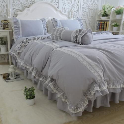 FAMIFUN Top Luxury Bedding Set Light Embroidery Ruffle Lace Gray Duvet Cover Bed Sheet Bedspread Princess Bed Queen Pillowcase