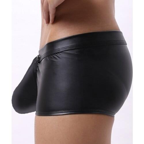 Sexy Gay Underwear Mens Boxers Sexy Erotic Temptation Open Crotch Male Panties Man PU Leather Big Penis Pocket Mens Boxershorts