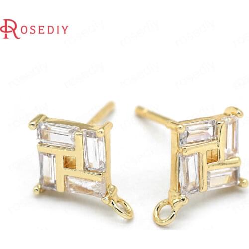 39404)4PCS 24K Gold Color Brass and Zircon Rhombus Stud Earrings Pins Earrings Jewelry Making Supplies Diy Findings Accessories