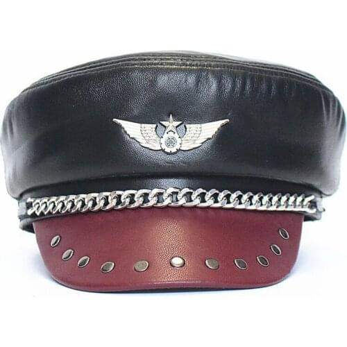 Sheepskin Leather Hats For Man Genuine Leather Autumn and Winter Warm Military Caps With Rivet Badge Hats Cosplay Headwear Adult