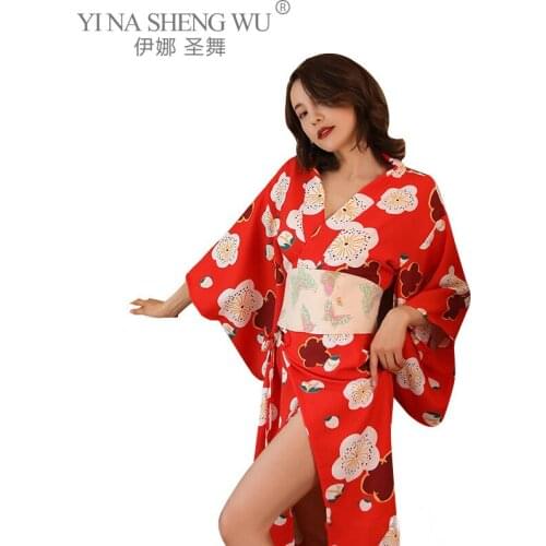 Japanese Kimono Sexy Cosplay Outfit For Women Traditional Style Erotic Clothing Robe Yukata Costumes Pajamas Belt Set Red Kimono