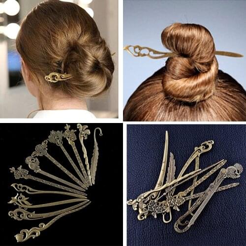 2021 Vintage Bronze Hollow Out Carved Hairpin Metallic Hair Clip Hair Stick Curved Fork Hairpin Hair Accessories Styling Tools