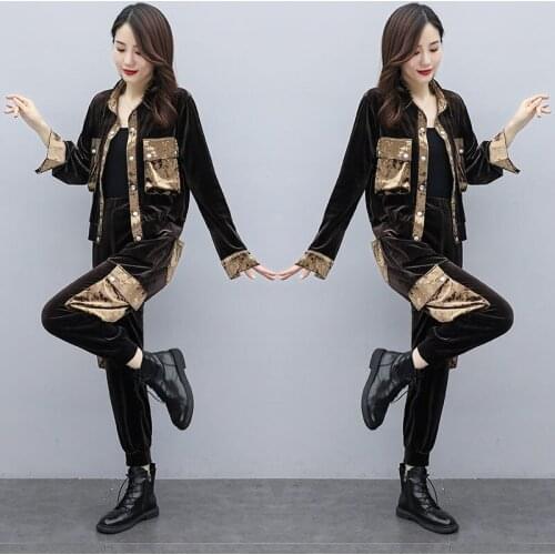 Women Velvet Tracksuits 2021 Spring Splicing Jacket+Trousers Two Set Gold Velvet Sportswear Suit Plus Size Female Pants Set A743