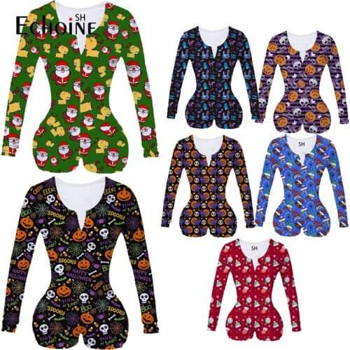 Echoine New Women Sexy V Neck adult Onesies Jumpsuit Sleepwear Christmas Halloween full Sleeve Shorts Bodycon Bodysuit plus size