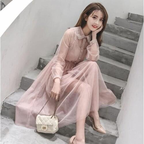 Ladies Two-piece set mesh waist dress suit lace embroidered bottoming dress long sleeve perspective doll collar skirt set spring