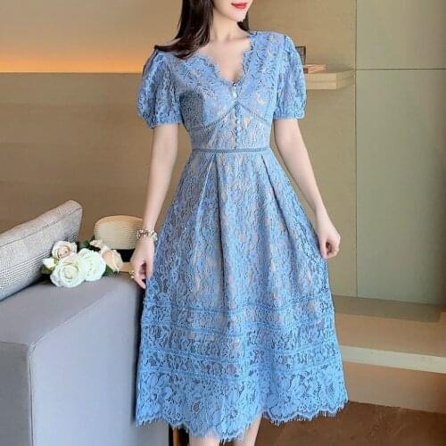 New Arrived 2021 Summer Lace Dress For Woman Hollow Out V-Neck Vestidos Elegant Vintage Single-breasted Long Dress Female