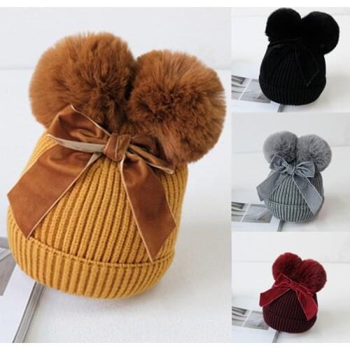 Baby Hats Winter Double Pompom Knitted Kids Baby Girl Hat Warm Thicker Children Infant Beanie Cap Bonnet Casquette Enfant