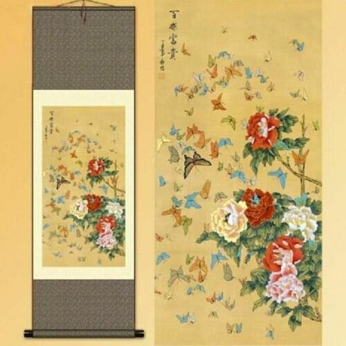 1pc China Traditional Silk scroll painting butterfly peony Gongbi painting S037