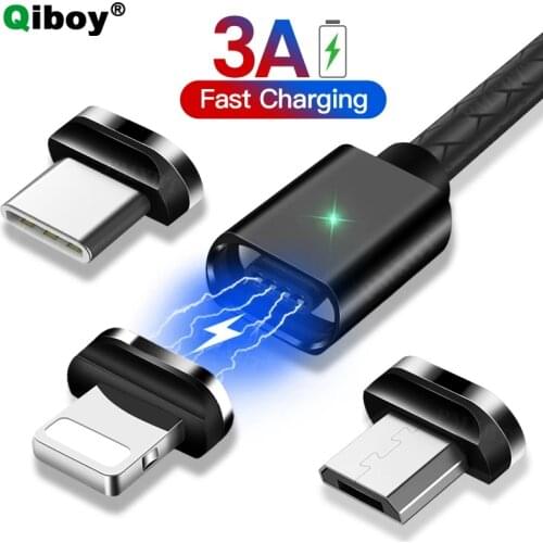 3A Magnetic Charger Cable LED Fast Charging Data Cord For iPhone 12 Pro Mobile Phone Charge Cable Type C Micro USB Magnet Wire