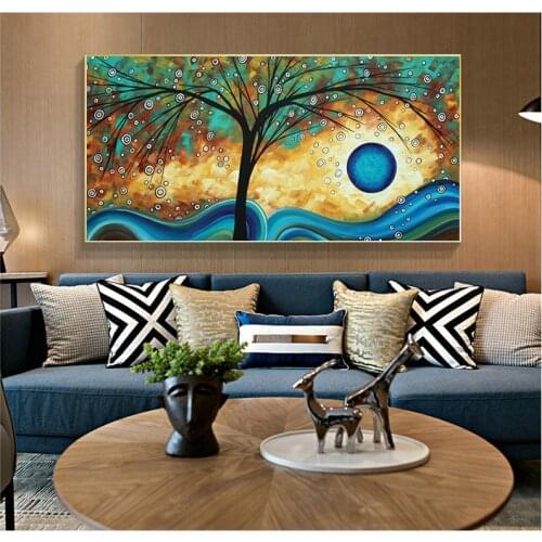 Abstract Tree Sunset Wave Oil Painting on Canvas Art Posters and Prints Cuadros Wall Art Picture for Living Room Home Decoration