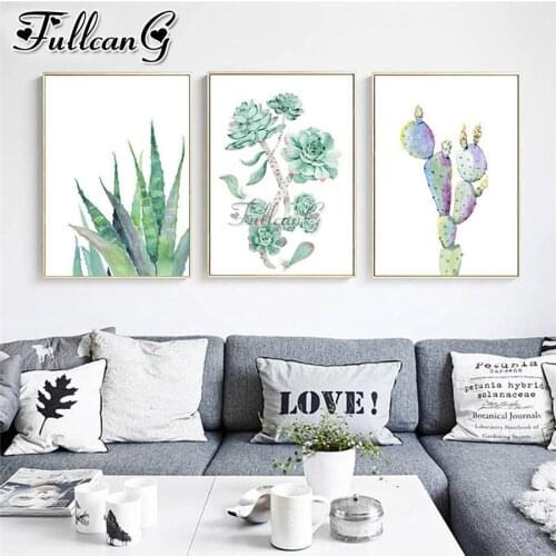 FULLCANG 5d diy diamond embroidery green plant cactus painting triptych full square round drill wall decoration FC3555