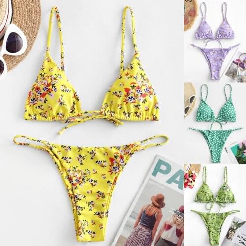 Bikinis Swimsuits Low Waist Flowers Printing Bathing Suits for Women 2 Piece Bikini Brazilian Bikini Set Swim 2021 Beachwear