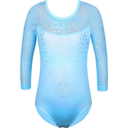 BAOHULU Girls Sparkle Gymnastics Leotard Sequin Lightblue Ballet Leotard Three Quater Sleeve Training Perfoamance Dance Bodysuit