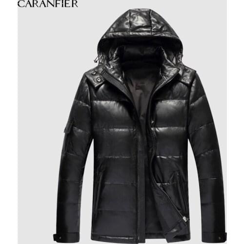 CARANFIER 2019 Mens Winter Warm Black Genuine Leather Real Lambskin Duck Down Hooded Jackets Coats Jaqueta De Couro Deri Ceket