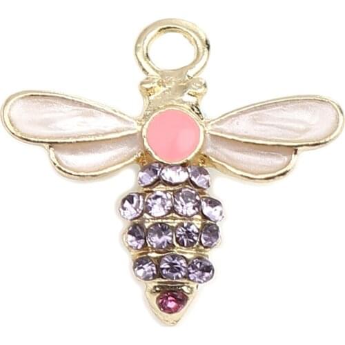 DoreenBeads 5 PCs Zinc Based Alloy Insect Charms Bee Animal Gold Plated Creamy-White Enamel Yellow Rhinestone 18mm x 17mm