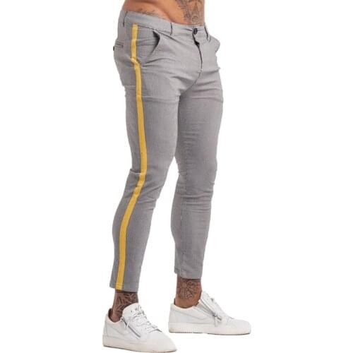 GINGTTO Mens Jeans Brand Chinos Trousers Grey Plaid Skinny Pants for Men Side Stripe Stretchy Best Fitting Athletic Body zm386