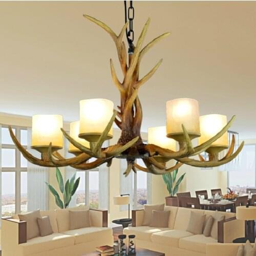 Europe Country 6 Heads American Retro Chandelier Light Resin Deer Horn Antler Glass Lampshade Decoration, E27 110-220V