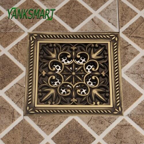 YANKSMART Bathroom Shower Bathtub Floor Antique Brass Drain Filter Sink Strainer Water Square 15*15 cm Drainage