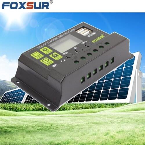 FOXSUR 30A 20A 10A LCD Display PWM DC 5V USB 12V 24V Auto Switch Solar Panel Charge Regulator Solar Charge Controller