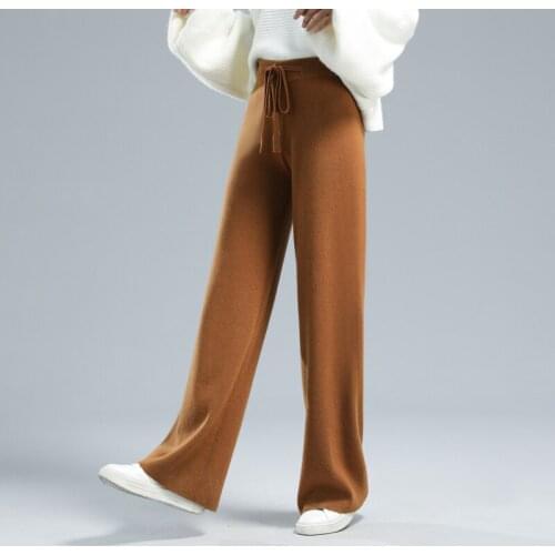 Hot sale Women 100% Pure Wool Pants 2021 New Autumn Winter Soft Waxy Comfortable High-Waist Knit Female Thicken Wide Leg Pants