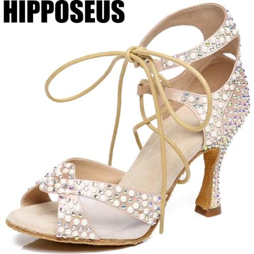 Hipposeus Girls Dance-Shoes Women Ballroom Latin Dance Shoes Ladies Modern Tango Dancing Shoes Salsa Sandrals With Pearl Heels