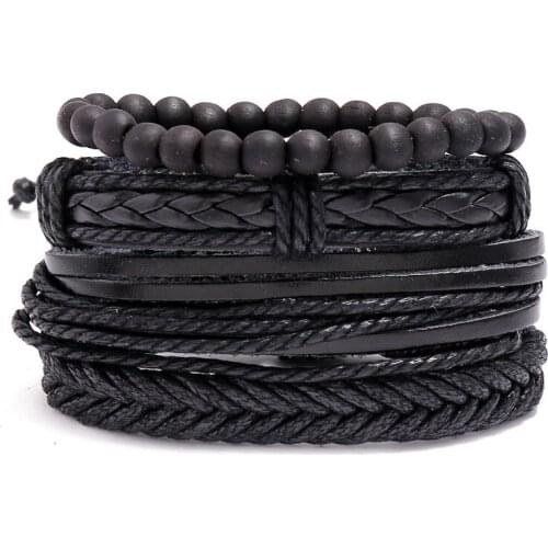 Jessingshow 4pcs/set Black Genuine Leather Multilayer Bracelet For Men Wood Beaded Bracelet Punk Jewelry Handmade Set Small Gift