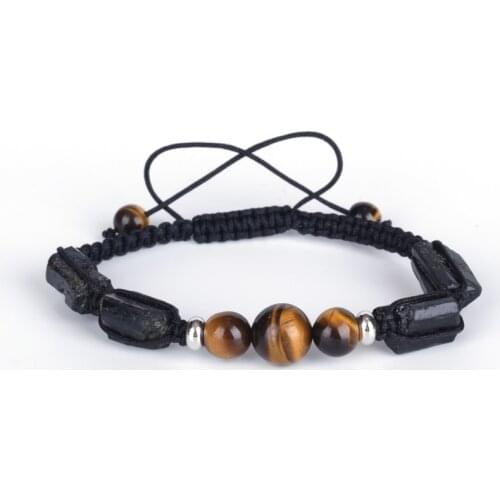 Healing Rough Tourmaline Semi Precious Mineral Stone Beads Charm Tiger Eye Adjustable Macrame Bracelets for Unisex Women Man